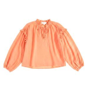 Cleobella Peach Coral Swiss Dot Ruffle Neck Balloon Sleeve Blouse Size Small